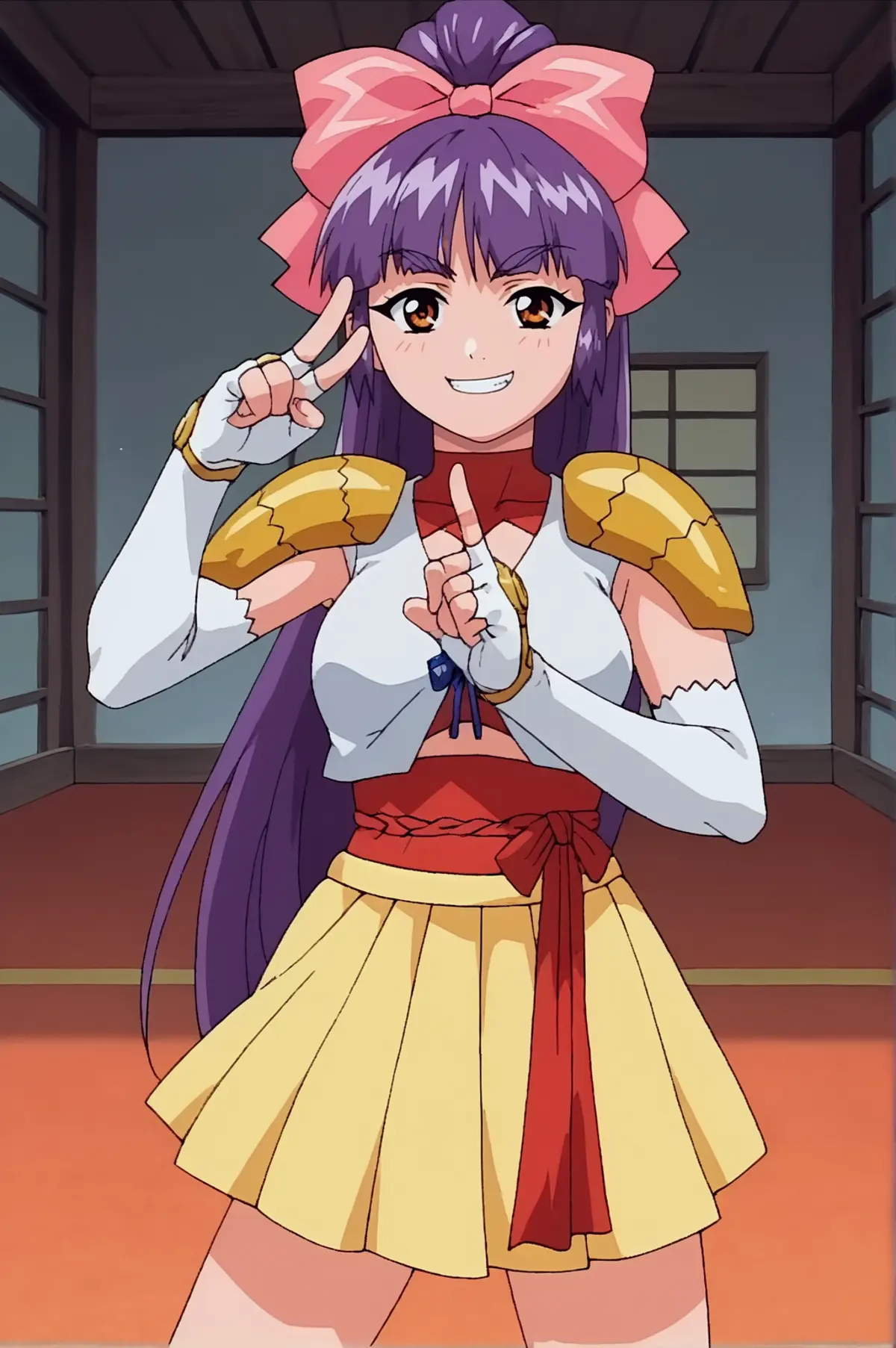 A girl standing in a traditional Japanese room. She has purple hair tied with a pink bow and brown eyes. She is wearing a yellow skirt, white blouse with elbow gloves, and golden shoulder guards. She is making a gesture with their hands together in front of her, as if preparing for an action. 