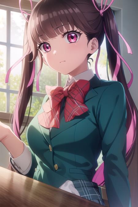 haruarisugawa, <lora:haru arisugawa s1-lora-nochekaiser:1>,
haru arisugawa, long hair, brown hair, ribbon, twintails, hair ribbon, (pink eyes:1.3),
BREAK bow, school uniform, jacket, green jacket,
BREAK indoors, classroom,
BREAK looking at viewer, (cowboy shot:1.5),
BREAK <lyco:GoodHands-beta2:1>, (masterpiece:1.2), best quality, high resolution, unity 8k wallpaper, (illustration:0.8), (beautiful detailed eyes:1.6), extremely detailed face, perfect lighting, extremely detailed CG, (perfect hands, perfect anatomy),