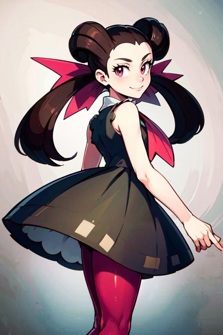  roxanne (pokemon), red eyes, brown hair, twintails, hair ribbon,   roxanne (pokemon), red eyes, brown hair, twintails, hair ribbon, ascot, grey dress, pink pantyhose, shoes,