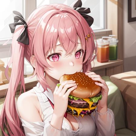 masterpiece, ultra high quality cg, best quality, 1girl, pink twintails, blushing, close-up, face, two-handed burger, eating, holding huge burger with both hands