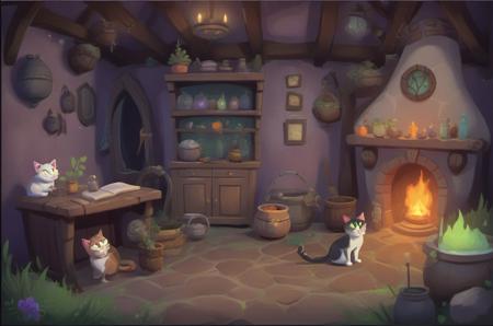 background Witch's Cottage: Crooked walls, bubbling cauldron, spellbooks, talking cat, enchanted herbs, hidden spells., v3rd, flatee, <lora:BACKTOON_0.1_RC:0.6>