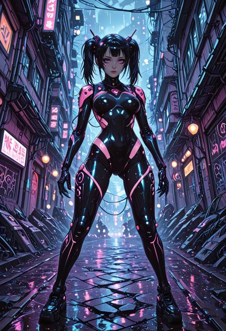 portrait shot of an anime emo girl with black and pink twin tails, partial cybernetic body with exposed skin and high-tech implants on arms, legs, spine, asymmetric bodysuit in black and pink latex with cutouts revealing biomechanical interfaces, glowing wires under skin, rainy neon-lit cyberpunk alley, reflective ground, chaotic graffiti, cinematic lighting, absurd detail, masterpiece, ultra high resolution, futuristic, cyber fantasy, biomechanic, mobe-cybideen, <lora:CyberBioDetailEnhancerV1:1>,