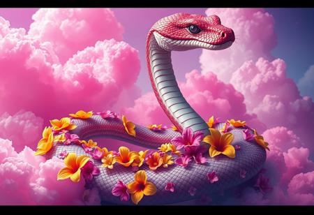 A majestic snake in a vibrant and surreal Flux art style. The snake is adorned with colorful flowers along its body, replacing scales with intricate blossoms. Its environment is ethereal, surrounded by vivid pink and purple hues, with abstract, dreamy clouds and flowing, cristal-like textures in the background. The snake's gaze is piercing yet serene, reflecting a mystical and magical aura.