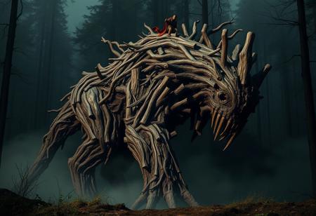 Enormous creepy brown wooden colossus beast creature with no face, made of flesh and rough broken tree fragments, walking hunched over on all fours. Single human barbarian warrior riding atop it. Surrounded by fog. Dark forest background. Dark fantasy style. Heavy contrast. Photorealistic.