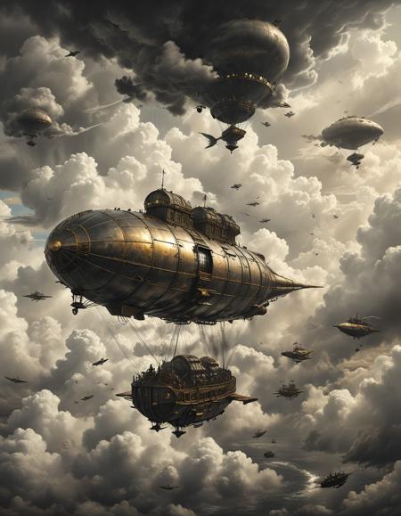 (A fleet of steampunk airships takes to the skies, propelled by billowing clouds of steam and powered by the dreams of adventurers, their brass frames gleaming in the sunlight as they soar above the clouds:0.5) ([Noir Movie|Graphite Drawing Artwork]:1.3)