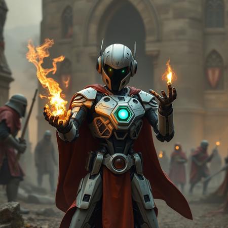 a high-tech robot in a medieval world conjuring a spell