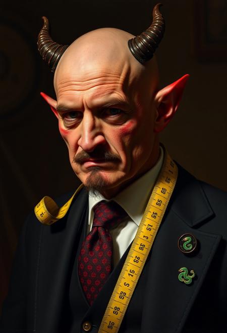 Three-quarter portrait of the devil dressed as a young tailor. He is bald with a small curly dark brown and grey handlebar moustache. Black three-piece suit, white shirt, red patterned tie. ((A pin of a green snake is on his jacket lapel.)) His face is wrinkled and red. Devil horns.  He drapes a yellow tape measure at the sides of his neck like a scarf. 
Rembrandt Lighting style, shadow, partially covered in shadow, Rembrandt shadow style, nose shadow.