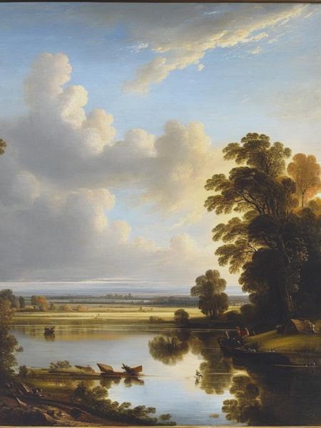 <lyco:JohnConstable:1.0> an early 19th century painting shows a landscape with a sky above the water, in the style of john constable, ultrafine detail, light gray and bronze, antoine verney-carron, john ruskin, happenings, suburban ennui capturer