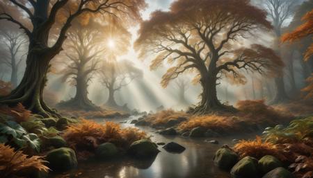 A breathtakingly detailed photograph of a vast winter, showcasing a magnificent display of god rays piercing through the dense treeline, converging towards the viewer. The scene is enveloped in a subtle, ethereal mist, adding to the mystique of the landscape. Lighting is diffuse and soft, yet brilliantly illuminates the myriad hues of autumn. Captured in ultra-high 16K resolution, akin to the clarity and finesse of a FUJIFILM masterpiece. The image is a testament to hyper-realism, with an emphasis on hyper-detailed plants and foliage, enhanced by a 1.3 detail multiplier. The overall composition is rendered in Ultra High Definition (UHD), embodying the essence of a true masterpiece, with every minute element meticulously defined and vividly brought to life. 