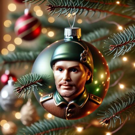 very realistic close-up photograph of a  Christmas sphere with a wooden soldier in it hanging in a Christmas tree branch