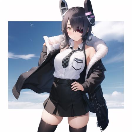 (masterpiece, best quality:1.2),illustration,8k,hd,1girl,solo,black jacket,black skirt,black thighhighs,breast pocket,checkered necktie,collared shirt,fur-trimmed jacket,fur trim,headgear,high-waist skirt,pocket,shirt,sleeveless shirt,white shirt,open jacket,eyepatch,<lora:Tenryuu(kan)>,