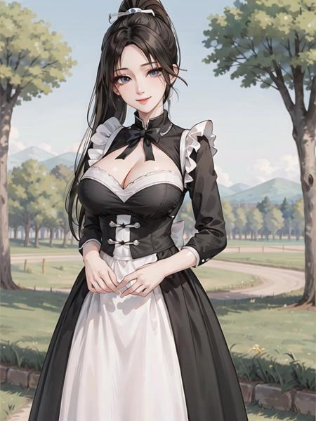 (narberal gamma),  (masterpiece:1.3),  (maid dress), (long skirt),  1girl,  solo,  eye focus,  (1girl),  (solo),  cowboy_shot,  beautiful detailed eyes,  symmetric eyes,  narrow eyes,  (black eyes),  expressive eyes,  pretty eyelashes,  glossy eyes,  (black hair),  (high ponytail),  1girl,  evil smile,  looking_at_viewer,  (large breasts),  cleavage,  (park),  scenery,  trees,  night, maid, <lora:EMS-46209-EMS:0.600000>