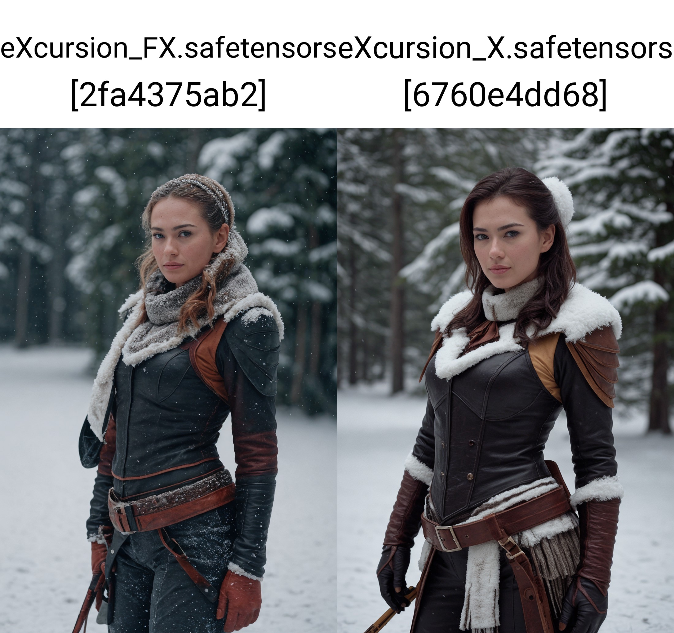 human female ranger, leather armor, hunters bow, fantasy, epic, in the snow, super detailed, photorealistic, <lora:[ID]_-_...