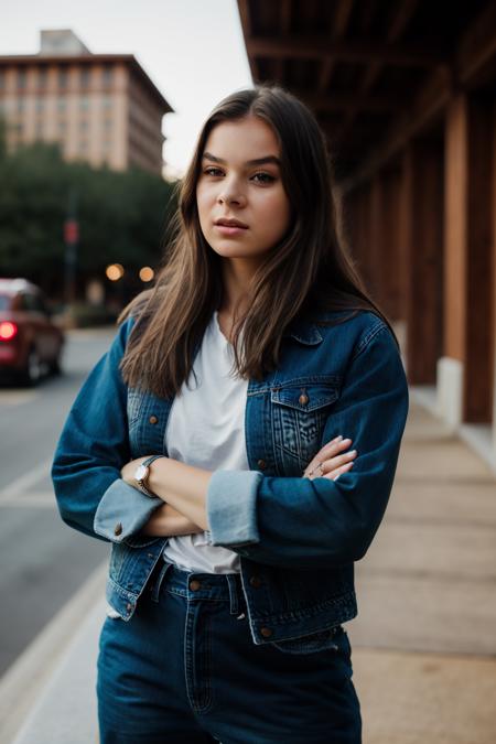 Realistic photo of a beautiful h41l33s woman,   1girl, solo, long hair, brown hair, brown eyes, jewelry, jacket, pants, crossed arms, ring, denim, jeans, realistic, soft lighting, professional Photography, Photorealistic, detailed, RAW, analog, sharp focus, 8k, HD, DSLR, high quality, Fujifilm XT3, film grain, award winning, masterpiece<lora:h41l33s:1.0><lora:h41l33s:1.0>