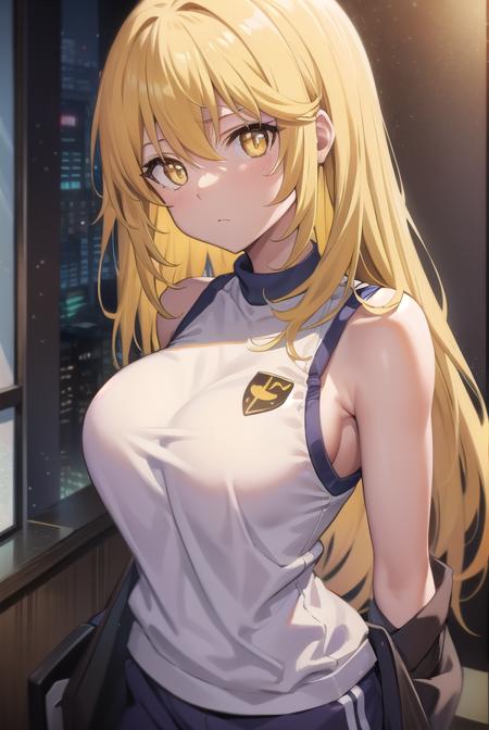 misakishokuhou, <lora:misakishokuhou:1>, misaki shokuhou, blonde hair, hair between eyes, long hair, symbol-shaped pupils, (yellow eyes:1.5)
BREAK bare shoulders, gloves, gym shirt, gym shorts, gym uniform, shirt, short shorts, shorts, sleeveless, sleeveless shirt, thighhighs, tokiwadai school gym uniform, white gloves, white shirt, white shorts, white thighhighs,
BREAK indoors, classroom,
BREAK looking at viewer, 
BREAK <lora:GoodHands-vanilla:1>, (masterpiece:1.2), best quality, high resolution, unity 8k wallpaper, (illustration:0.8), (beautiful detailed eyes:1.6), extremely detailed face, perfect lighting, extremely detailed CG, (perfect hands, perfect anatomy),