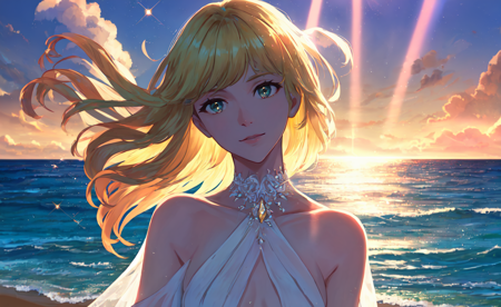 masterpiece, best quality, sakimori, <lora:sakimori:0.7>, outdoors, sparkle background, sparkle, (close-up:1.1), floating hair, sunlight, light rays, 8k, (portrait:1.1), blonde hair, small breasts, white dress, long dress, head tilt, water, sunset, sand, ocean, full