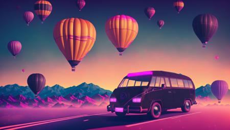 (retro volkswagen van:1.1) (attached to hot air balloon:1.2), (dark colors:1.2), snthwve style wallpaper