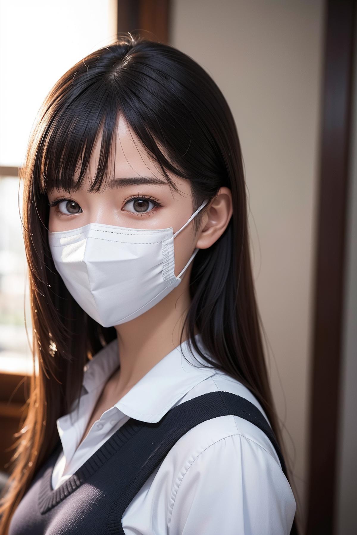 A woman wearing a white face mask.