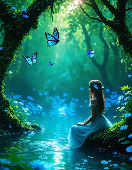 t5: girl is sitting on the shore of a mystical pond in a fabulous dreamy forest. Quiet ponds are covered with water lilies, cicadas are chirping and birds are singing. The water murmurs softly, creating a soft symphony of natural wonder. The sun's rays break through the foliage, knocking out sunbeams from the surface of the water. Age-old gray mosses hang from the branches, entwine the trunks. magic of an old fairy tale, wonder fantasy world, light magic effect
ClipG: Fantasy, charming captivating enchanting athmosphere, 
Bright, clear details, Iridescent butterflies and birds flutter over the flowers. atmosphere of a good fairy tale. Vibrant, vivid colors, Perfect anatomy, ideal anatomy.
 highest quality, high resolution
ClipL: Fantasy, charming captivating enchanting athmosphere, 
Bright, clear details, Iridescent butterflies and birds flutter over the flowers. Perfect anatomy, ideal anatomy.
