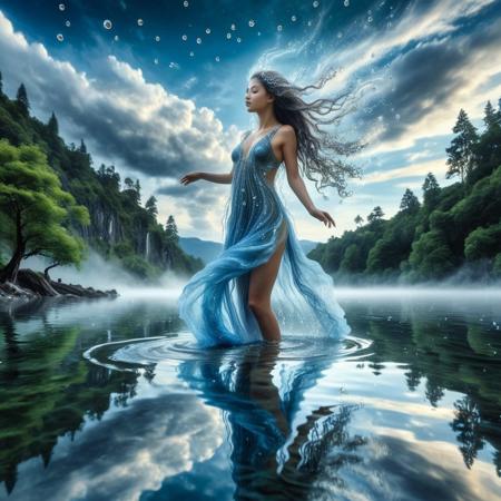 A majestic figure composed almost entirely of flowing water, standing at the edge of a vast reflective lake. Their body shimmers with transparency, ripples and droplets forming their limbs and hair, constantly shifting in graceful motion. Eyes like deep ocean pools, gestures fluid and weightless. Around them, the environment echoes their essence: trees with liquid trunks, stones eroded into smooth, water-like forms, clouds drifting like steam. The atmosphere is serene and otherworldly, filled with blue and silver tones, ethereal lighting, high detail, photorealistic surrealism, dreamlike concept art