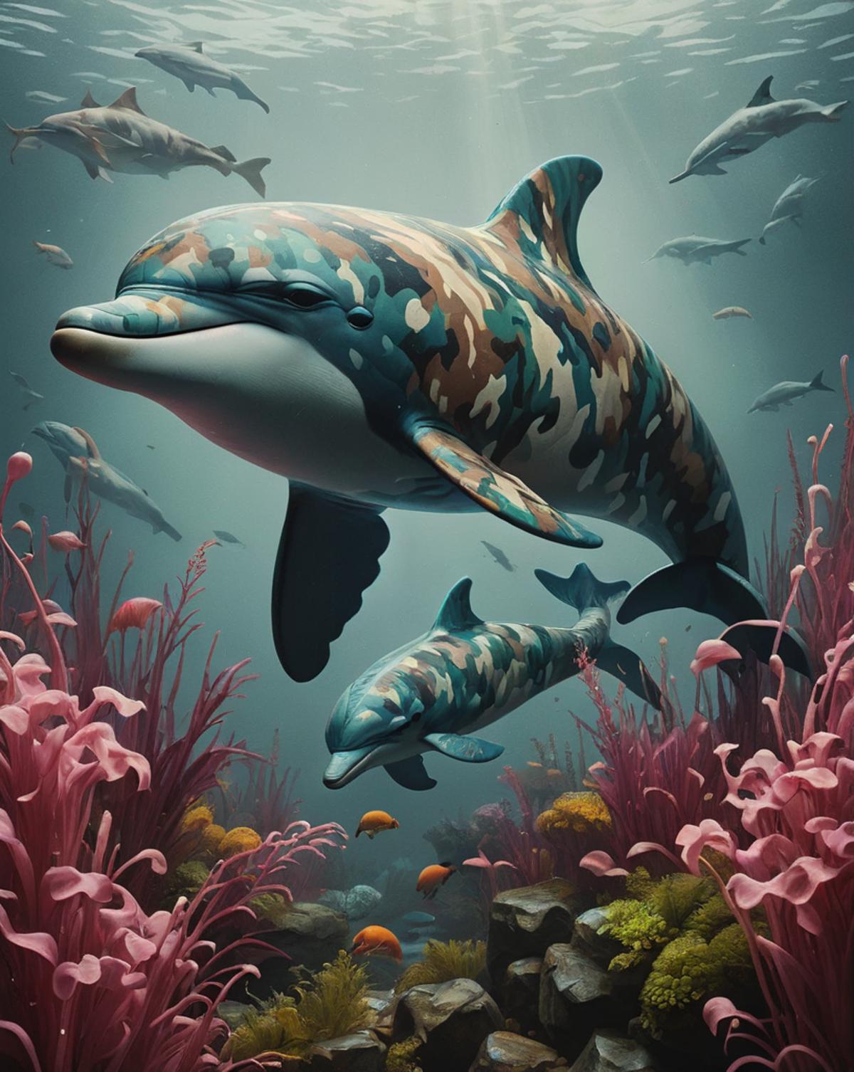A digital painting of a mother dolphin and her calf in the ocean among sea creatures.