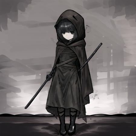 miranda, (multiple belts:1.3), brown belts on outfit, standing, full body, expressionless, boots, black hair, black eyes, black dress, black gloves, (brown:1.2) hooded cloak <lora:miranda:0.9>, nice hands <lora:blackSouls_5:0.7>