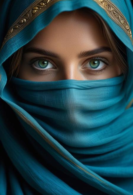 "Create a striking close up portrait of a woman wrapped in an elegant, blue fine linen flowing mantle,covering part of her beautiful face,. The focus should be on her green eyes, capturing their depth and emotion. The style should emulate the rich, detailed aesthetic of Steve McCurry,National Geographic photography Covers. Aim for the dramatic lighting and meticulous composition seen iThe background should be softly blurred to emphasize the subject’s gaze, with natural textures and subtle tones.