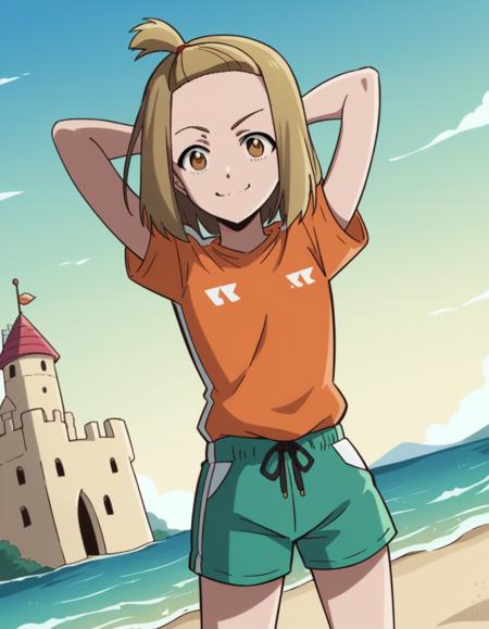 ebina yuu, short hair, brown hair, brown eyes, topknot shirt, shorts, t-shirt, green shorts,