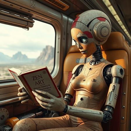 Rusty Robot and damaged humanoid woman sitting in futuristic train and reading a book "Zen and the Art of Motorcycle Maintenance" by Robert M. Pirsig. train is passing by futuristic landscape. Her body paint is chipped, cracked and dented.