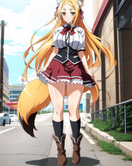 masterpiece, best quality, ultra-detailed, hires,  beautiful, detailed hair and eyes, 
1girl, cat ears, orange eyes, hair ornament, ribbon, hairband, yellow eyes, very long hair, animal ears, yasaka dxd, large breasts, blonde hair, long hair, fox ears, tail, fox tail, multiple tails,fox girl,thick eyebrows, adult wo,an, mature woman,
(dxd clothes:1.4), school uniform, skirt, white shirt, (white socks), black boots, red skirt,
 <lora:dxdV11-000003:0.65>, 
full body, standing, hand on breasts,
 detailed background, city background, city