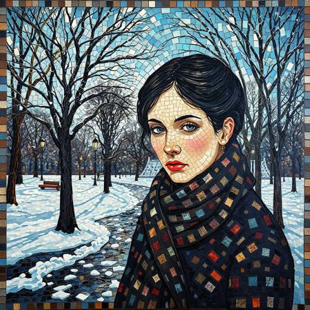 Byzantine Mosaics of a"Boston in winter, Boston Central park In the style of the artists Thomas Cowperthwait Eakins,AlcoholInk.hanna,Grunge Art, inviting ambiance typical of impressionist art.". René Magritte style painting , perfect proportions, soulful, sad look,modern_portraiture_style