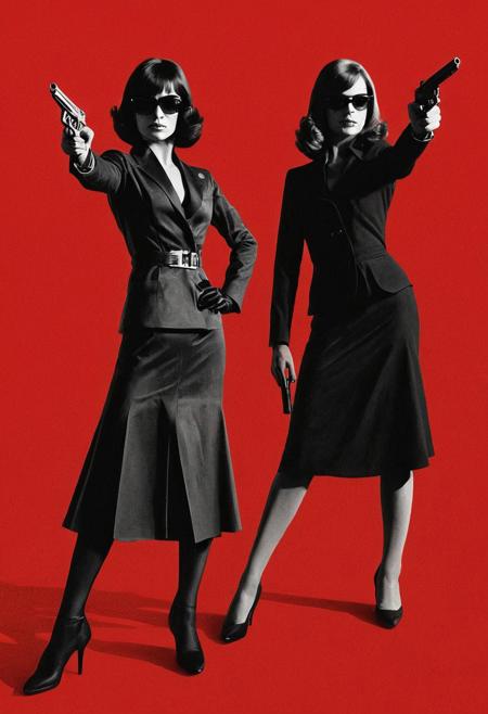 Pencil_morph_style,
pulp magazine style,70's movie style, creates in black shadow and red background a minimalist full-length stencil illustration of two elegant black dresssed female f.b.i agents pointing a gun to the viewer, two colors, red background. Only 2 colors, plain red background and human's shadow.