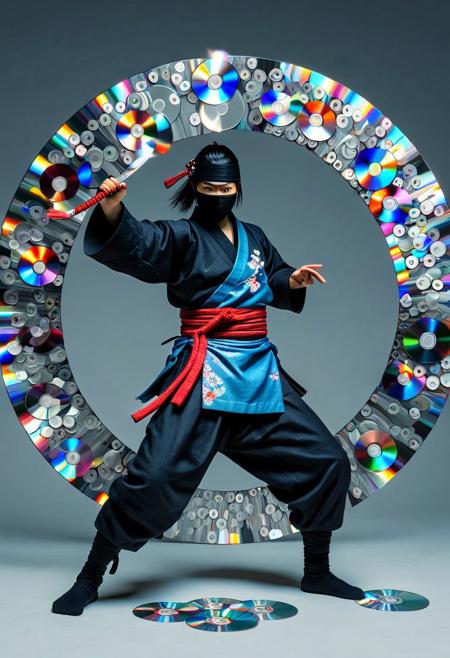made of cd's,
8k, score_9, score_8_up, score_7_up,
masterpiece,realistic,ultra detailed, vibrant colors,photo-realistic,
Ninja throwing a CD,CD Shuriken, Japanese period drama, Samurai, Geisha,