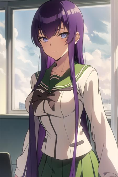 saekobusujima, <lora:saekobusujimatest:1>,
saeko busujima, long hair, purple hair, (purple eyes:1.1), hair between eyes,
BREAK skirt, long sleeves, bow, school uniform, serafuku, green skirt,
BREAK looking at viewer,
BREAK indoors, classroom,
BREAK <lora:GoodHands-vanilla:1>, (masterpiece:1.2), best quality, high resolution, unity 8k wallpaper, (illustration:0.8), (beautiful detailed eyes:1.6), extremely detailed face, perfect lighting, extremely detailed CG, (perfect hands, perfect anatomy),