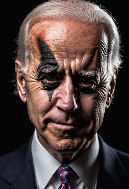 Close-up, (Joe Biden WITH Joker MAKE UP), grim smile, relaxed pose, portrait movie shot, serious, menacing, chiaroscuro style photo, dark background, minimalism, dramatic lighting, professional quality, dull highlights and shadows, natural and original