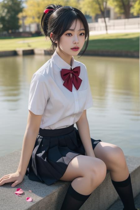 ltra-detailed,highly detailed,best quality,masterpiece,illustration,realistic,
miyamizu mitsuha, 1girl, solo,
black hair, ponytail, short hair,
school uniform, hair ribbon,bowtie,short sleeves, collared shirt, pleated skirt, socks, loafers,
sitting,looking at viewer,
outdoors, water, river, sky, bridge, city, cityscape, wind,parted lips, falling petals,
<lora:miyamizu mitsuha_v1_02:0.7>