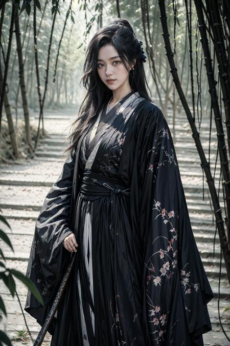 1girl,bare tree,black hair,blurry,blurry background,blurry foreground,branch,brown eyes,cherry blossoms,depth of field,forest,holding,japanese clothes,katana,kimono,long hair,long sleeves,looking at viewer,nature,obi,outdoors,sash,snow,solo,standing,sword,tree,weapon,wide sleeves,winter,(realistic:1.5),(masterpiece, Extremely detailed CG unity 8k wallpaper, best quality, highres:1.2),
(ultra_detailed, UHD:1.2),(pixiv:1.3),distinct,detailed face,<lora:fusu-AIX:0.6>,(city:1.6),
