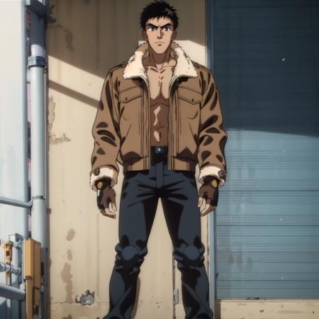 SakataIsamu,1man, short hair,black hair,thick eyebrows,black eyes,retro artstyle,1980s (style), brown jacket,jacket with fur,open jacket, fingerless gloves, black pants, SakataIsamu,1man,retro artstyle,1980s (style), cyberpunk,science fiction, helmet, power armor,shoulder armor, pants, mask, mechanical arms,cyborg,