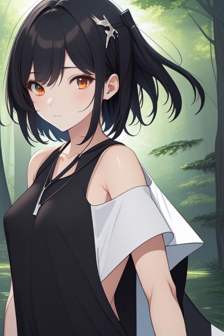 ghibli style, san \(mononoke hime\), 1girl, armlet, bangs, black hair, black undershirt, breasts, cape, circlet, earrings, facepaint, floating hair, forest, fur cape, green eyes, jewelry, looking at viewer, medium breasts, nature, necklace, outdoors, parted bangs, shirt, short hair, sleeveless, sleeveless shirt, solo, tooth necklace, tree, upper body, white shirt , ((masterpiece))