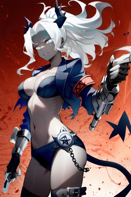 judgement(helltaker), black horns, navel, 1girl, white hair, armband, ponytail, red background, colored skin, black jacket, looking at viewer, demon girl, dark skin, black tail, dark-skinned female, grey skin, demon horns, long hair, large breasts, white eyes, gauntlets, tail, cleavage, solo, jacket, demon tail, horns, chain<lora:judgement:1>