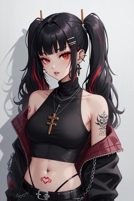 Goth girl 1girl,solo,long hair,looking at viewer,bangs,shirt,black hair,hair ornament,red eyes,long sleeves,navel,bare shoulders,twintails, detailed eyes, jewelry, jacket, multicolored hair, earrings, sleeveless, hairclip, midriff, belt, blunt bangs, necklace,off shoulder,nail polish, lips,black jacket,black shir, tattoo, turtleneck,chain, piercing, ring,  ear piercing, red nails, arm tattoo, cross earrings, multiple rings, chain necklace, <lora:Goth_girl-v1.5:0.8>,