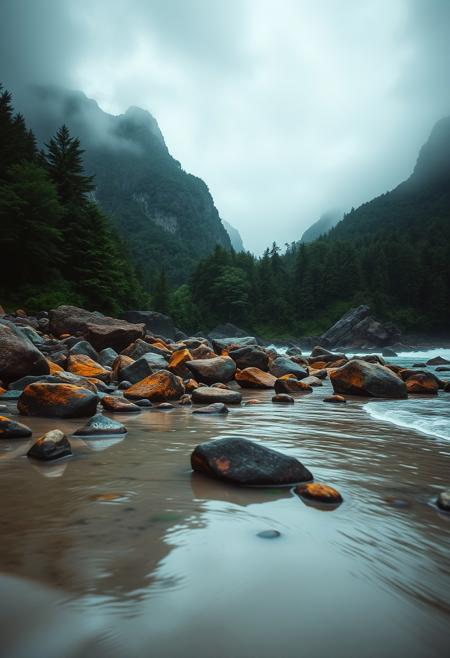 The image depicts a beautiful beach with colorful rocks. The beach is surrounded by lush green trees and mountains in the background. highly detailed and hyper realistic photo, by Alena Aenami , by Archibald Thorburn , by Daniele Afferni , in the style of  monochromatic silhouette reflection,  limited dark palette, unusual dark colors, faded colors, atmospheric haze, highly dramatic cinematic lighting, motion blur, film grain,  professional, excellent composition, finest details, maximized details, ultimate detail level, masterpiece, best quality