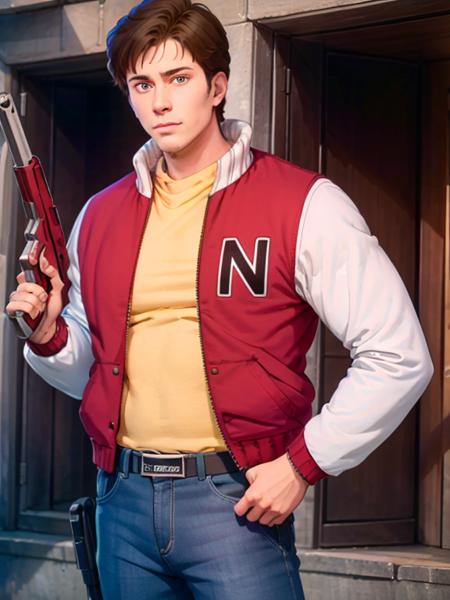 real life, realistic, Captain N, 1guy, letterman jacket, pants, holding weapon, holding gun, energy gun, teenager