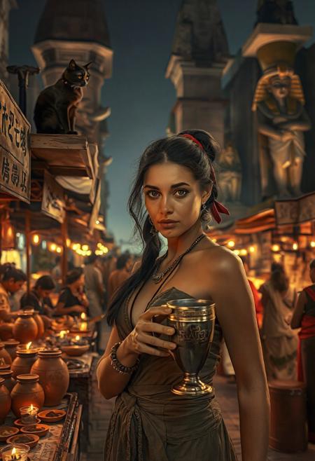Setting is ancient Egyptian street market at night, ((all writing is in egyptian hieroglyphs)), ((all lighting is by candles, and flame torches,  the market is comprised of street vendors selling food, weapons, and clothing. People wearing Ancient Egyptian clothing are walking through the street market shopping and eating, A sleek black cat (Bastet) with red collar sits on a nearby wooden roof at a market kiosk. Behind the a kiosk counter are clay containers of egyptian beer, (((a beautiful woman, 24 years old, is standing in the foreground facing the viewer with a metal goblet of beer in her hand. Her eyes are beautiful and focused on the viewer, she has an expression of interested curiosity))), the woman is dressed in Ancient Egyptian style clothing combining a sexy and classic Ancient Egyptian aesthetic. Enormous Ancient Egyptian statues are visible in the background and smaller statues and Ancient Egyptian architecture is prevalent in the market, The woman's hair is elegantly tied up with a ribbon. Artistic Ancient Egyptian aesthetic, dynamic perspective, (((overall architectural aesthetic is Ancient Egyptian))).  Epic image that elicits a feeling of wonder and awe,