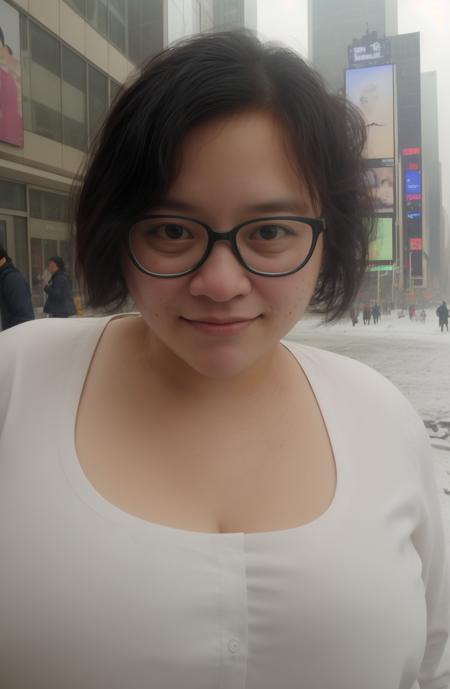 Janine \(Person\), @Janineaam masterpiece, 1girl, glasses,  black eyes, nose, black hair, closed mouth, eyeliner, closed mouth, looking at viewer, short hair, collared shirt, background: newyork times square, street, cars, snow covered. <lora:Janineaam:1>