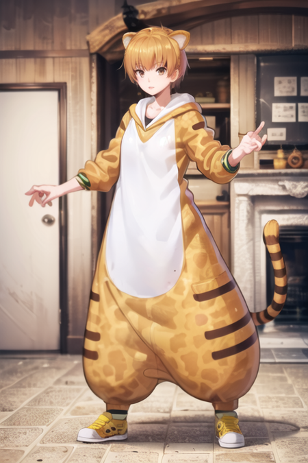 jaguar a person in a black white coat with black fur, 1girl, solo, animal ears, red eyes, fur coat, blonde hair, short hair, a anime character standing on it's hind legs dressed as a tiger, solo, 1girl, animal costume, tiger print, full body, animal print, brown eyes, standing, room background, looking at viewer, a anime woman in a green dress, 1girl, solo, brown hair, brown eyes, short hair, dress,