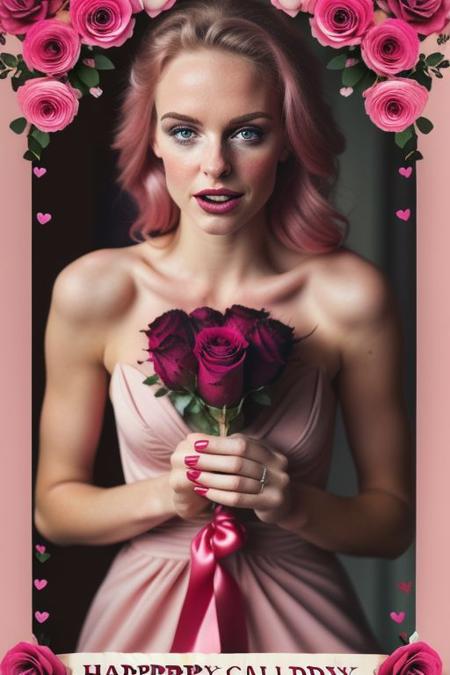 Beauty Photography: Focuses on well-lit,  pink dress flawless skin and often used in beauty in front of her a bouquet of  rose flower  cover the front area advertisements. shooting under dark condition with high iso, film, high key, valentineSG, ((Happy Valentines CARD1.5))