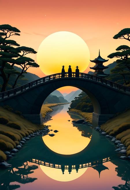 serene, glass-like Manga river reflects a twilight sky, with silhouetted figures in old-fashioned attire walking across a bridge that creates an illusion of a cosmic portal. Symmetrical scenery evokes ancient cultural symbols and mystical gateways. Muted luminous colors wash over the scene. Digital painting, East Asian aesthetics, golden lighting, intricate textures, symmetrical composition, circular vignette, serene atmosphere, fantasy elements, fine-art style, symbolic imagery.