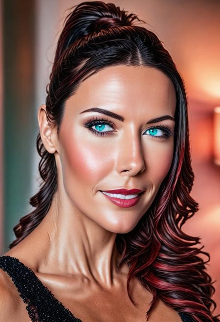 Stable_Yogis_PDXL_Positives, Realism_Quality_2xx_By_Stable_Yogi, photo, photo_realistic, 1girl, mature_woman, some aging wrinkles, wrinkles, facial wrinkles, European, 32 years old, seductive smile, sultry, serious stare, stern look, sexy pose, eye shadow, makeup, milf, mature female, leaning forward , natural skin, realistic, sexy beauty, slim waist, hands out of view, skin texture style, detailed skin pore, detailed skin, realistic skin, red lipstick, makeup, long high ponytail, streaked hair, bond hair, red streaks in hair, long side bangs, red highlights in bangs, thick lips, black lips, mega ponytail, big hair, bright blue eyes, blush, made out of, mint, jade, green, fresh, refreshing, garden, castle, <lora:coralbugXL:1> , coralbugXL.