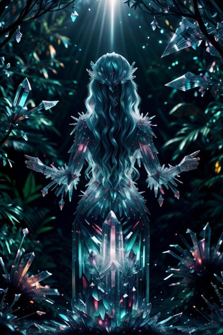 crystal witch in mystical forrest, god ray from behind, dark night, shiny, crystalz <lora:Crystals:1>